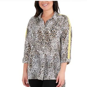 NY Collection Leopard Print Button Up Blouse Shirt 1X Collar 3/4 Length Sleeves